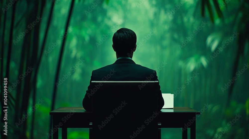 A businessman sits at a desk in a lush green bamboo forest, contemplating the natural world. A businessman sits at a desk in a lush green bamboo forest, contemplating the natural world.