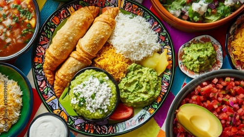Wallpaper Mural A colorful table spread with various Mexican dishes, including tamales, rice, guacamole, salsa, and avocado. Torontodigital.ca