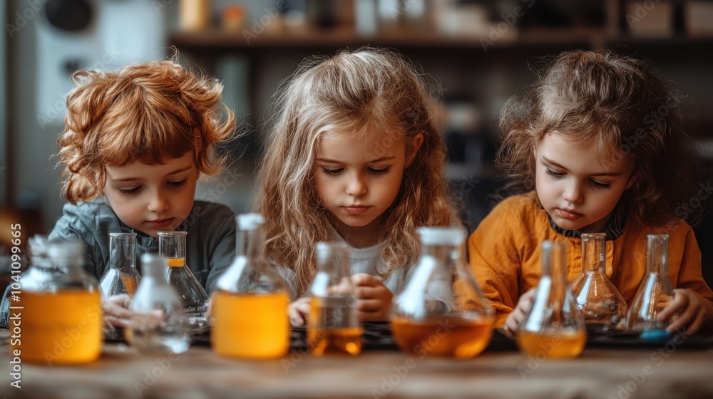 Fototapeta premium Children experimenting with liquids in a science setting.