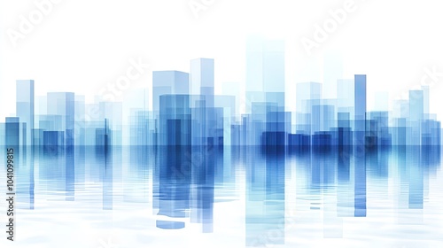  Minimalistic digital city skyline made of geometric squares with blue skyscrapers and reflections in water, set against a white background, symbolizing modern urban design and corporate architecture.