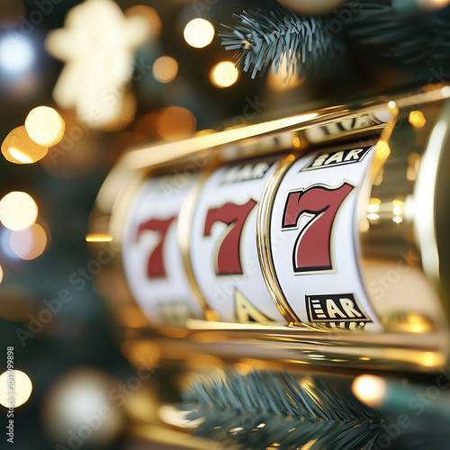 golden slot machine with triple sevens is shown against a background of a Christmas tree with lightsbanner/web/poster/design photo