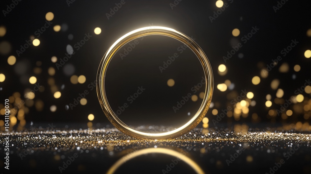 elegant circular golden frame, shimmering particles, dark luxurious background, radiant light beams, glamorous stage design, photorealistic rendering elegant circular golden frame, shimmering particles, dark luxurious background, radiant light beams, glamorous stage design, photorealistic rendering