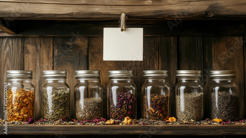 Fototapeta Naklejka Na Ścianę i Meble -  Rustic Tea Shelf Setup for Product Info