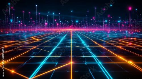 Abstract Digital Network with Neon Lines and Glowing Points