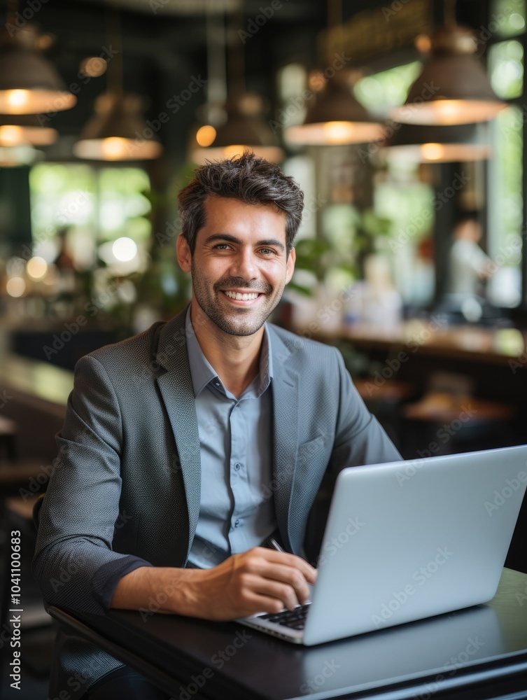 Fototapeta premium Man working in coffee shop on laptop.