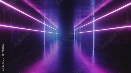 A dark  empty corridor with glowing pink and blue neon lights.