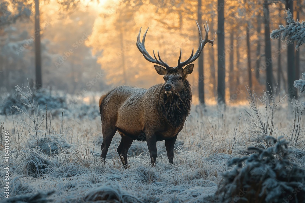 Majestic Elk Stands in a Frosted Forest at Dawn Majestic Elk Stands in a Frosted Forest at Dawn