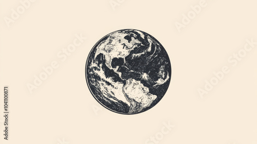 A hand-drawn sketch of Earth, perfect for a t-shirt design. The illustration looks like an old-fashioned engraving, with black and white details. photo