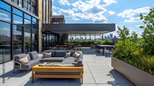 Spacious rooftop terrace with expansive city views. Relax with friends or host events in this stylish  open-air setting