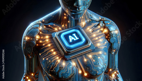 3D Close Up of AI Chip in Robotic Skin with Glowing Circuits | Detailed View of AI Chip Symbolizing Growth and Tech Expertise | AI Powered Innovation Close-Up | Isolated Icon on White Background