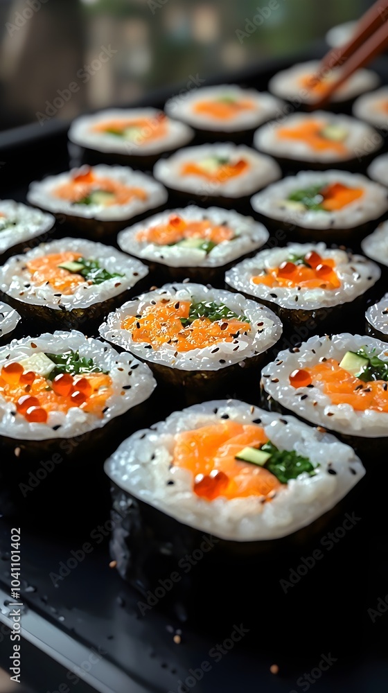 A vibrant display of fresh sushi rolls arranged neatly, featuring salmon, avocado, and garnishes, creating an appetizing and colorful food composition. A vibrant display of fresh sushi rolls arranged neatly, featuring salmon, avocado, and garnishes, creating an appetizing and colorful food composition.