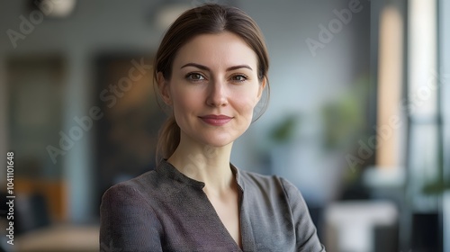 Portrait of woman near workplace and looking at camera. 