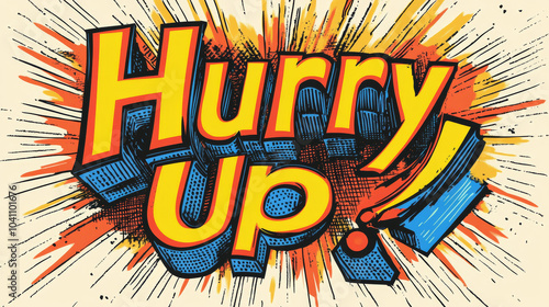 A colorful retro-style illustration of the words "Hurry Up" in a comic book style. The image stands out against a plain white background.