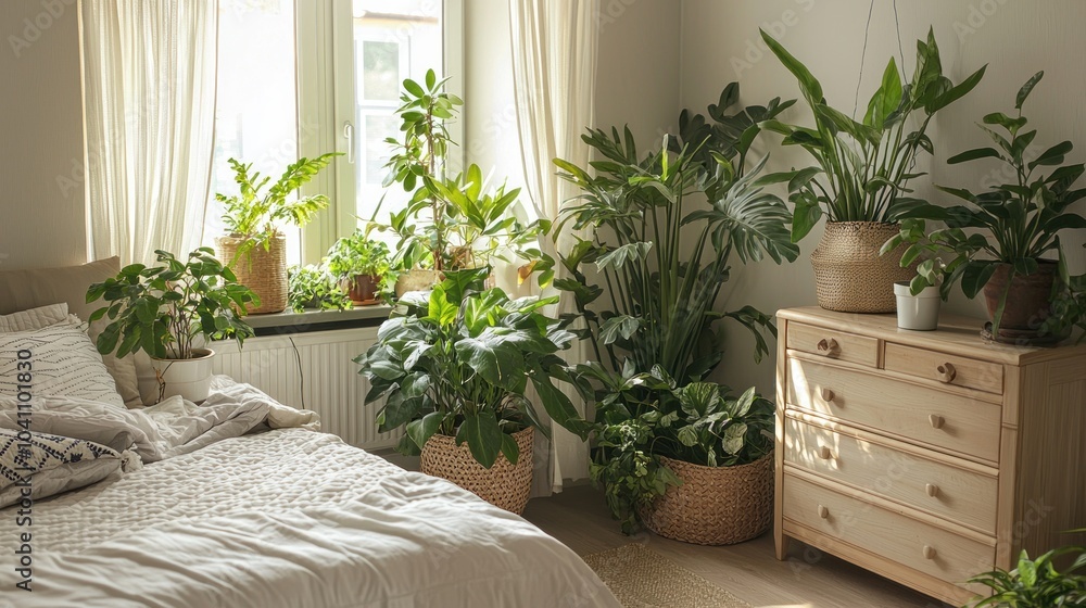 A bedroom with large potted plants in the corners, alongside smaller plants placed on a dresser and window sill. A bedroom with large potted plants in the corners, alongside smaller plants placed on a dresser and window sill.