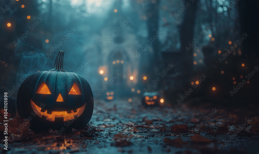 Fototapeta premium The mystical Halloween background. Halloween decorations, pumpkins jack-o-lantern in the night forest.