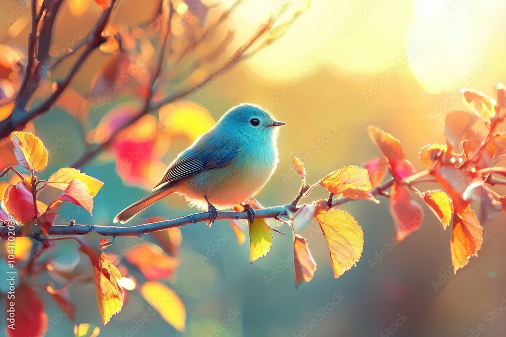 A Small Blue Bird Perched on a Branch with Autumn Leaves in the Golden Hour Light A Small Blue Bird Perched on a Branch with Autumn Leaves in the Golden Hour Light