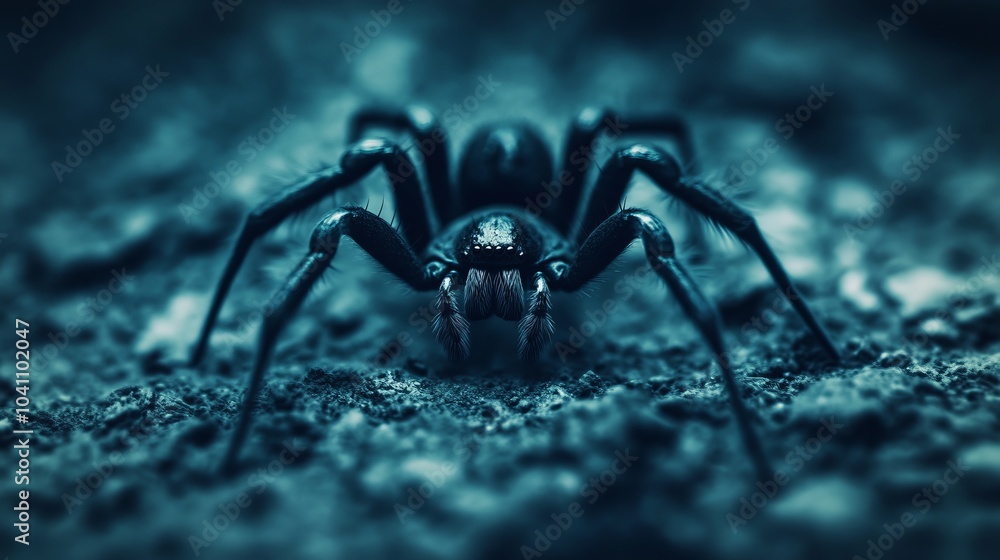 A close-up shot of a black spider with eight legs and fangs, facing the camera. A close-up shot of a black spider with eight legs and fangs, facing the camera.