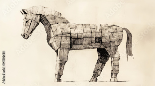 A drawing of a Trojan horse, made to look like an old engraving. It shows the horse as a wooden figure, with a scratched-in style that makes it look like a hand-drawn image. photo