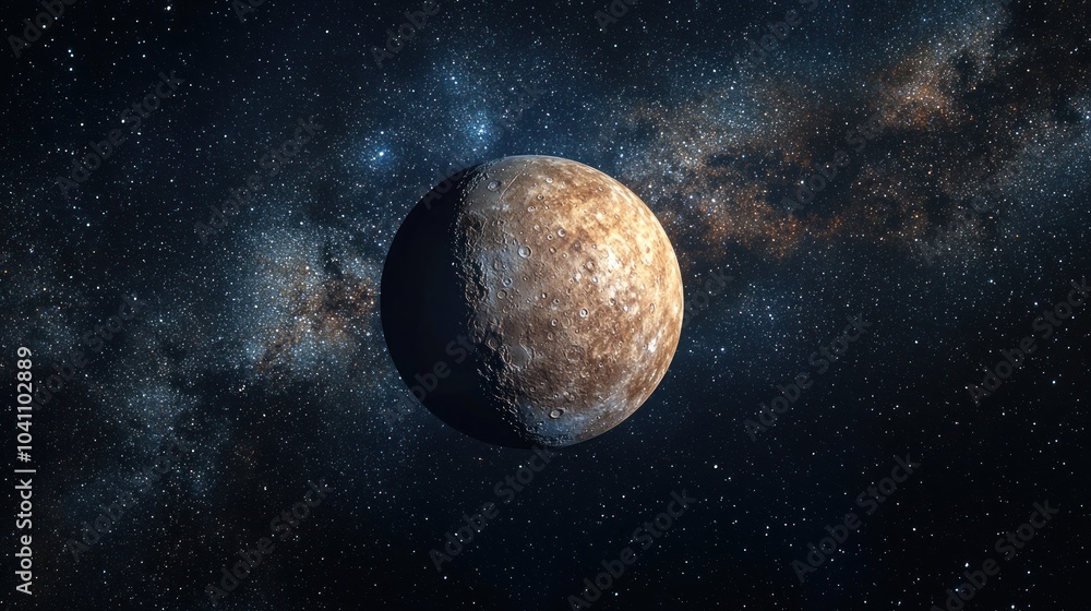 A detailed rendering of Mercury, the closest planet to the sun, small and rocky against the vastness of space. A detailed rendering of Mercury, the closest planet to the sun, small and rocky against the vastness of space.