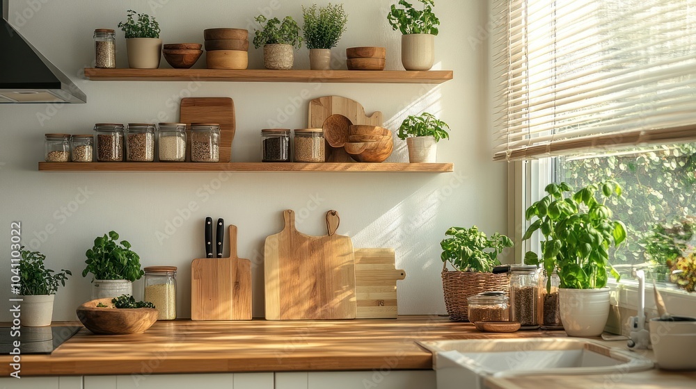 Wooden shelves in a modern kitchen with plants, cutting boards, and jars of spices. Wooden shelves in a modern kitchen with plants, cutting boards, and jars of spices.