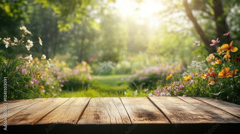 Wooden table in a garden setting with blurred flowers and trees in the background. Wooden table in a garden setting with blurred flowers and trees in the background.
