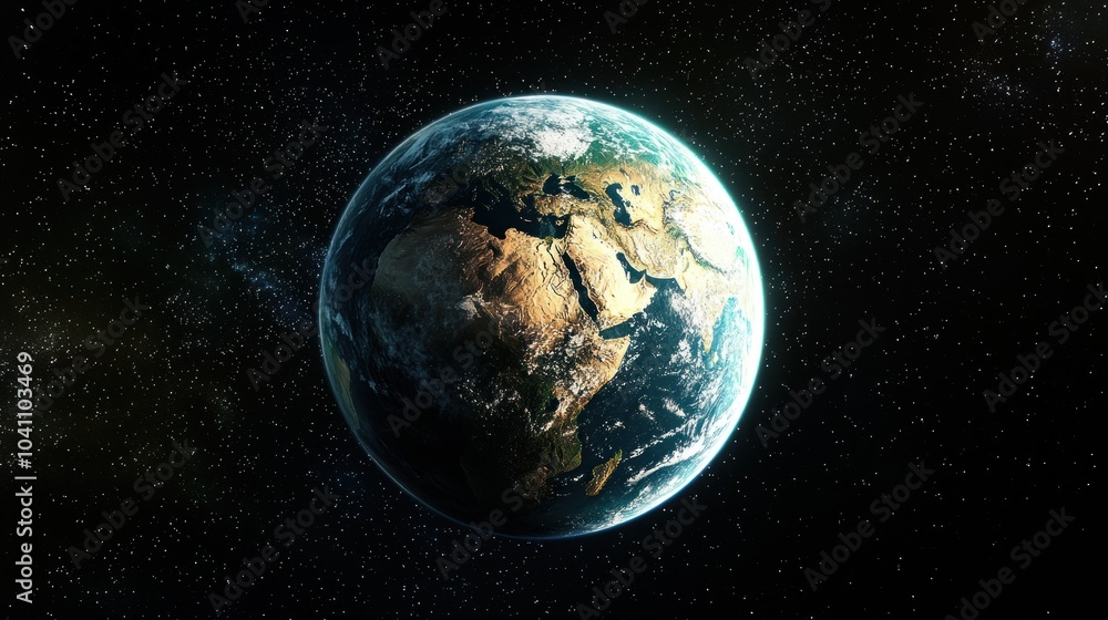 Fototapeta premium A planet that appears vibrant and healthy, with clean oceans, abundant greenery, and thriving ecosystems.