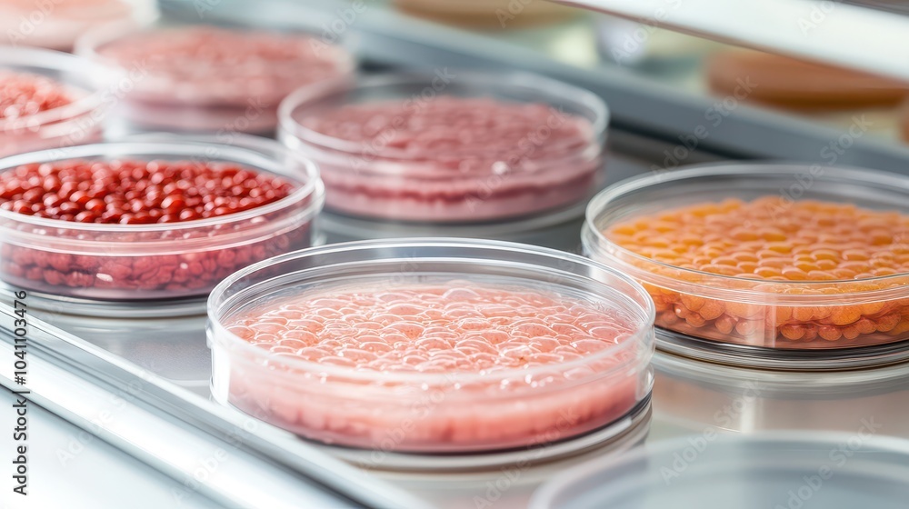 A collection of petri dishes filled with colorful gel, showcasing vibrant shades and textures in a laboratory setting. A collection of petri dishes filled with colorful gel, showcasing vibrant shades and textures in a laboratory setting.