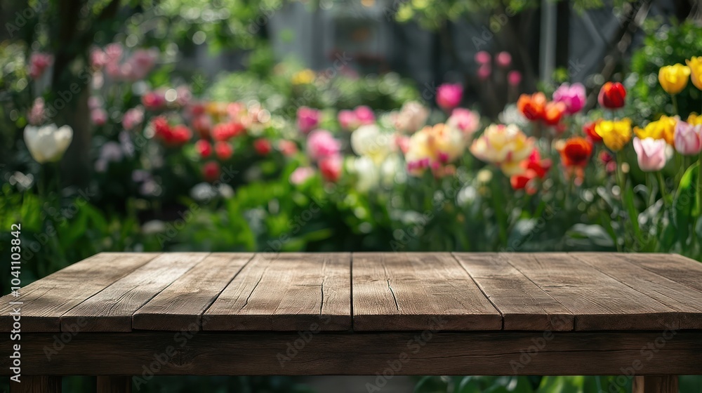 Wooden table top with blurred colorful flowers in the background. Wooden table top with blurred colorful flowers in the background.