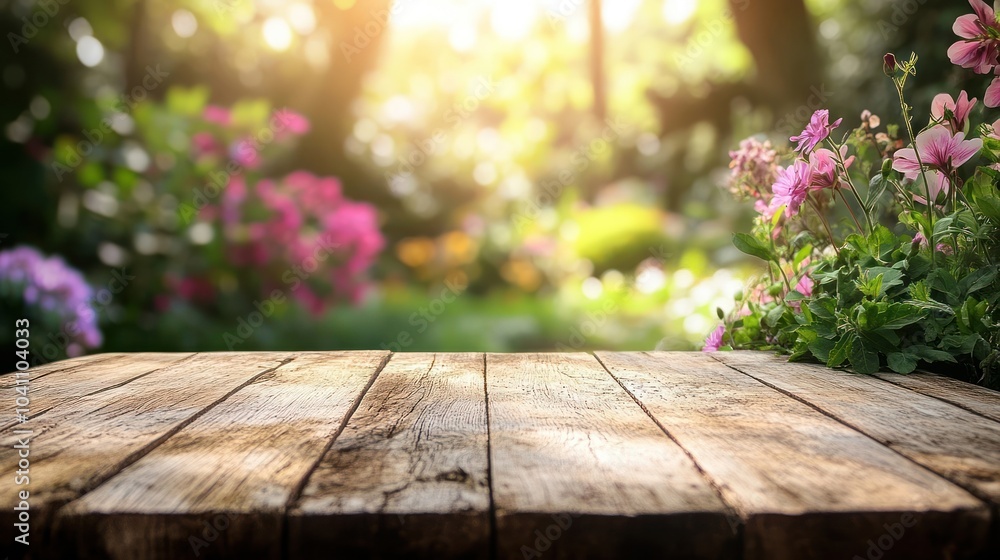 Wooden table top with blurry background of a sunny garden with flowers. Wooden table top with blurry background of a sunny garden with flowers.