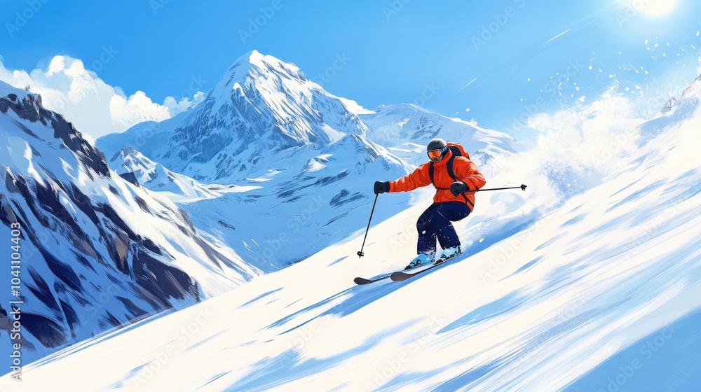 A skier speeding down a snow-covered slope in the Swiss Alps A skier speeding down a snow-covered slope in the Swiss Alps