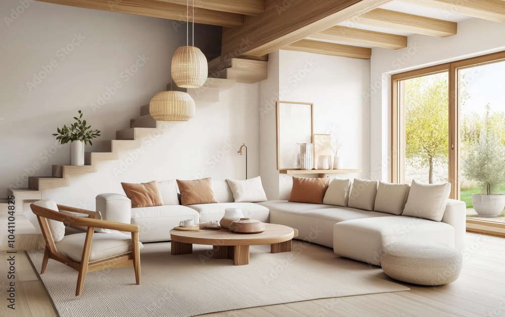 Fototapeta premium Modern Minimalist Living Room Interior Design with Wooden Beams and Natural Light