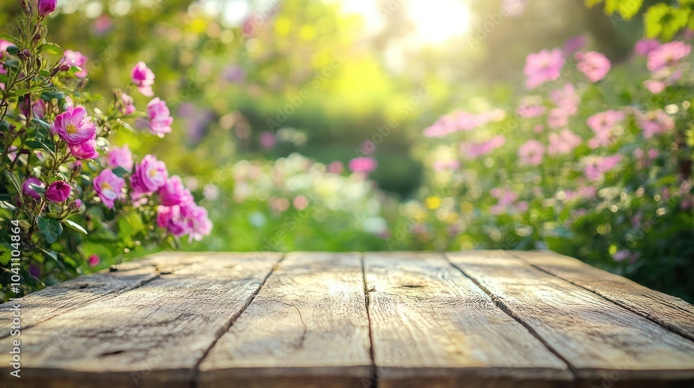 Wooden tabletop with blurry pink flower field background. Wooden tabletop with blurry pink flower field background.