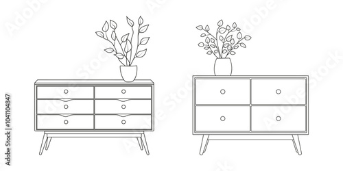 Contemporary ladies' chest of drawers with flowers in a vase. Commode modern of drawers in black and white. Bedroom interior in a flat style. Furniture for the bedroom and living room.