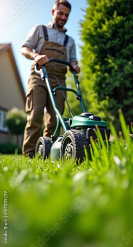 Low Angle View of Man Using Hedge Trimmer to Cut Grass Outdoors on a Sunny Day – Backyard Maintenance and Leisure Activity, vertical orientation.