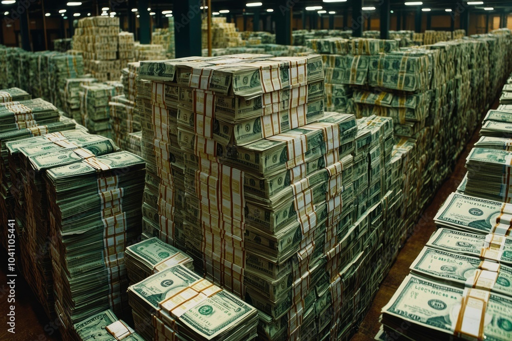 Stacks of Hundred Dollar Bills in a Warehouse Stacks of Hundred Dollar Bills in a Warehouse