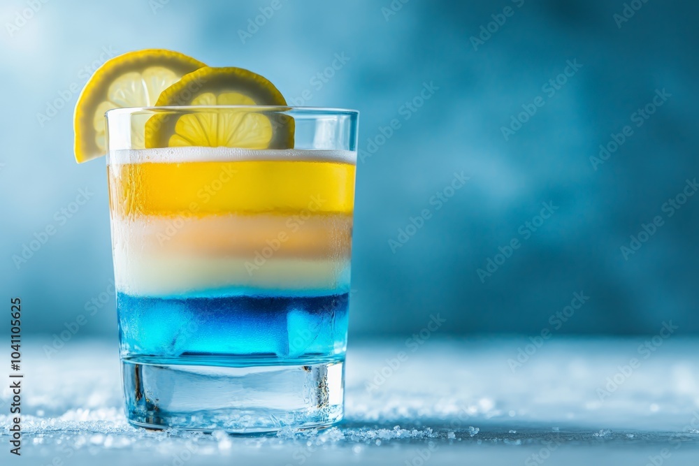 Refreshing blue and yellow cocktail with lemon slices
Refreshing blue and yellow cocktail with lemon slices
