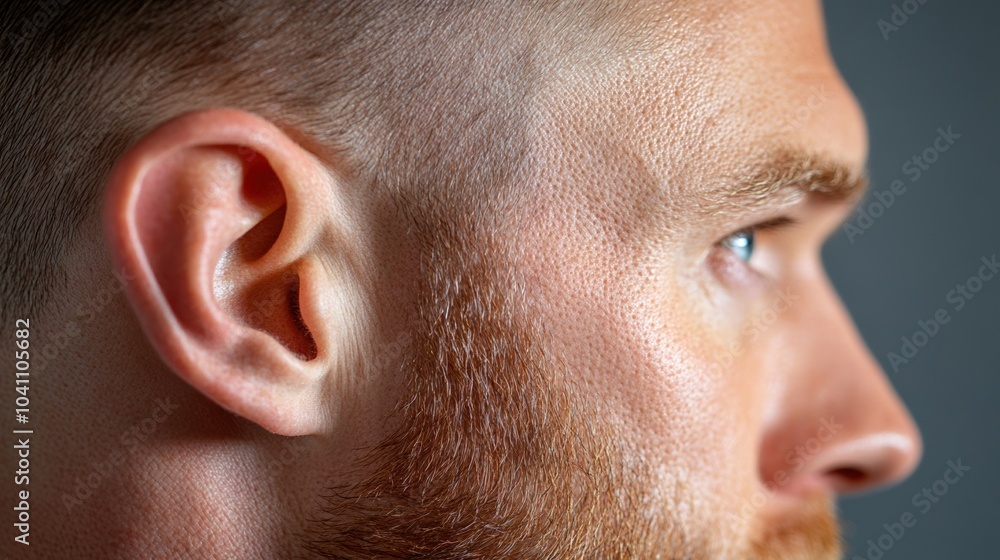 Obraz premium Profile view of a man with a beard and short hair against a neutral background.