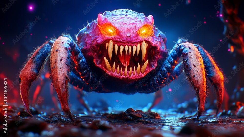 A fierce, glowing monster with eight legs and sharp teeth, rendered in a dark and futuristic style. A fierce, glowing monster with eight legs and sharp teeth, rendered in a dark and futuristic style.