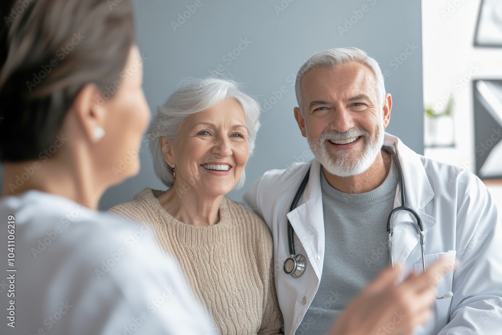 Fototapeta premium Happy senior couple with a doctor at medical consultation 