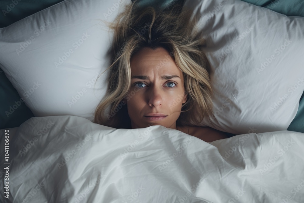 A frightened, depressed middle-aged woman lying awake in bed with disheveled hair and a troubled expression late at night A frightened, depressed middle-aged woman lying awake in bed with disheveled hair and a troubled expression late at night