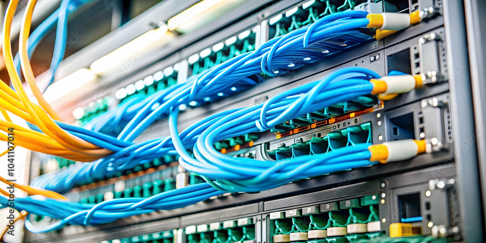 Close Up Data Center Rack Cloud Networking Cables Macro Image Infrastructure Cloud Services Ample Copy Space for Text Branding Photo Stock Concept Close Up Data Center Rack Cloud Networking Cables Macro Image Infrastructure Cloud Services Ample Copy Space for Text Branding Photo Stock Concept