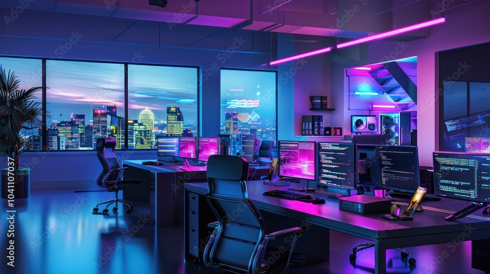 Neon-Lit Nighttime Office with City Skyline Neon-Lit Nighttime Office with City Skyline
