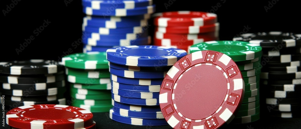 Fototapeta premium Colorful casino poker chips stacked for gambling fun.