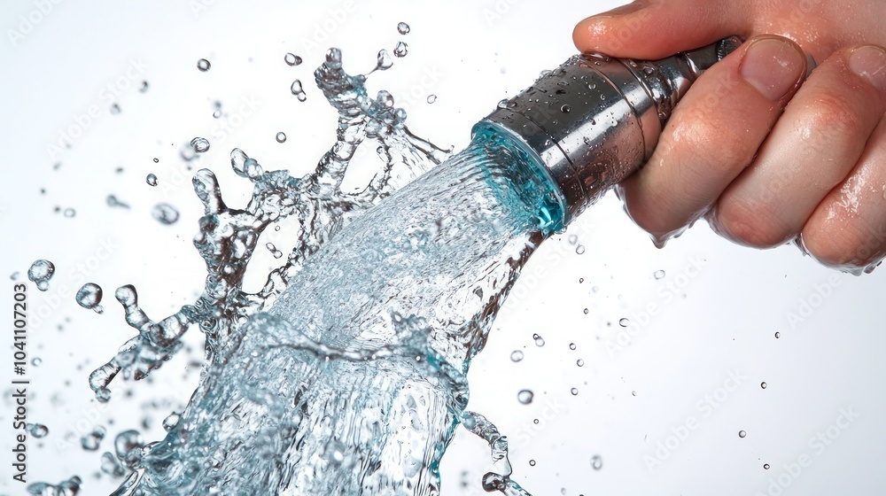 A hand holds a water hose, spraying water with a high-pressure nozzle creating a spray of droplets against a white background. A hand holds a water hose, spraying water with a high-pressure nozzle creating a spray of droplets against a white background.