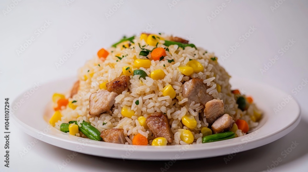 A heaping plate of fried rice with chicken, corn, carrots, and green beans on a white background. A heaping plate of fried rice with chicken, corn, carrots, and green beans on a white background.