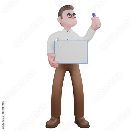 Sociologist in 3D. A male sociologist is standing while carrying a whiteboard and pen. Societal photo