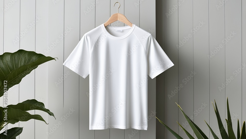 a minimalist and clean layout showcasing a plain white T-shirt hanging on a wooden hanger , a white t-shirt mockup , Mockup template for design print a minimalist and clean layout showcasing a plain white T-shirt hanging on a wooden hanger , a white t-shirt mockup , Mockup template for design print