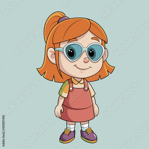 Funny red-haired girl in a red dress and big glasses. Cute cartoon character.