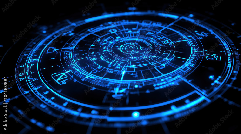 Futuristic digital interface with glowing blue elements and intricate patterns Futuristic digital interface with glowing blue elements and intricate patterns