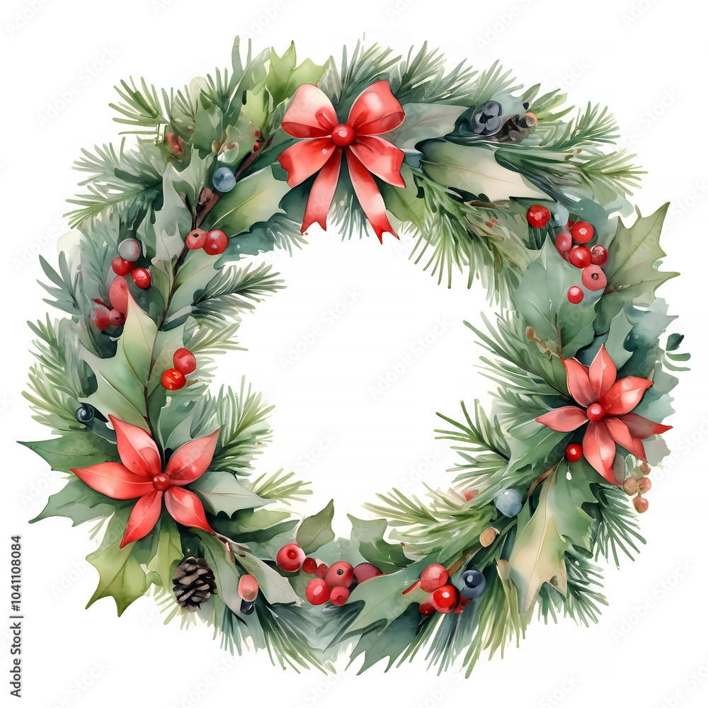 Christmas wreath with red winter berries, red holly bow. Winter wreath watercolor for Christmas holiday. Christmas wreath with red winter berries, red holly bow. Winter wreath watercolor for Christmas holiday.